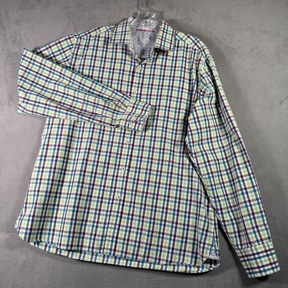 Bugatchi Uomo Shirt Mens L Burgandy Green Plaid Shaped Fit Flip Cuff Long Sleeve - Picture 1 of 10